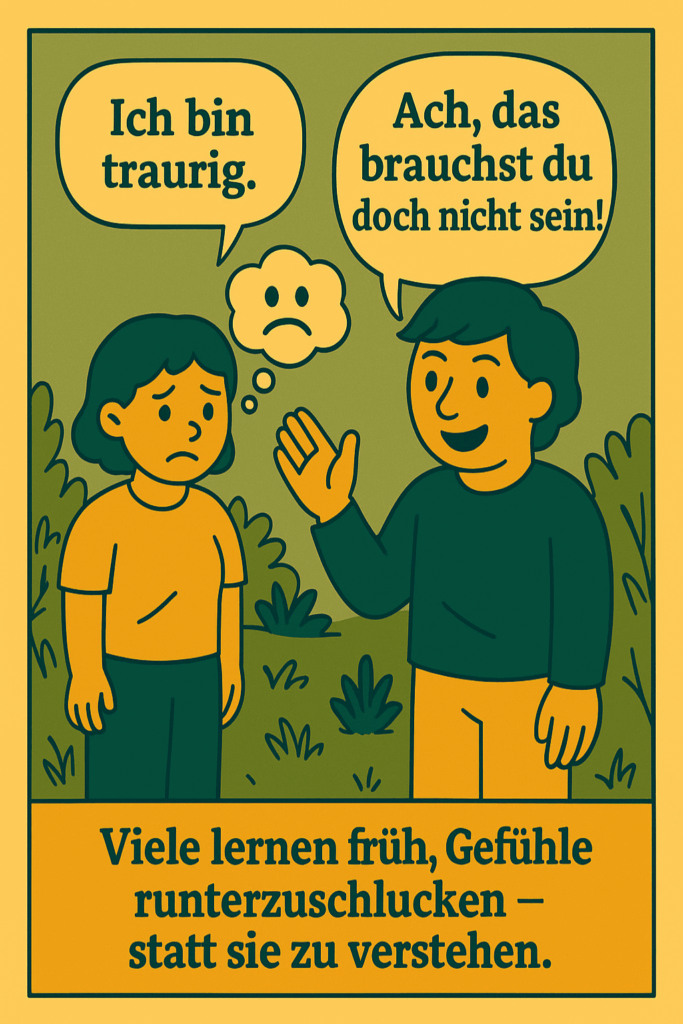 Illustration mit zwei Kindern: Ein Kind sagt „Ich bin traurig“, das andere antwortet „Ach, das brauchst du doch nicht sein!“. Dazu der Text: „Viele lernen früh, Gefühle runterzuschlucken – statt sie zu verstehen.“ Die Szene thematisiert emotionale Unterdrückung und fehlende Empathie.