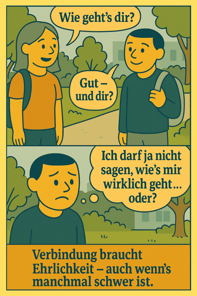 Illustration im Comic-Stil über emotionale Ehrlichkeit: Zwei Personen begegnen sich im Park. Eine fragt: „Wie geht’s dir?“ – die andere antwortet lächelnd: „Gut – und dir?“. In der nächsten Szene zeigt dieselbe Person ein trauriges Gesicht und denkt: „Ich darf ja nicht sagen, wie’s mir wirklich geht… oder?“. Darunter steht: „Verbindung braucht Ehrlichkeit – auch wenn’s manchmal schwer ist“. Die Grafik thematisiert sozialen Druck, emotionale Maskierung und den Wunsch nach echter zwischenmenschlicher Verbindung durch Offenheit.
