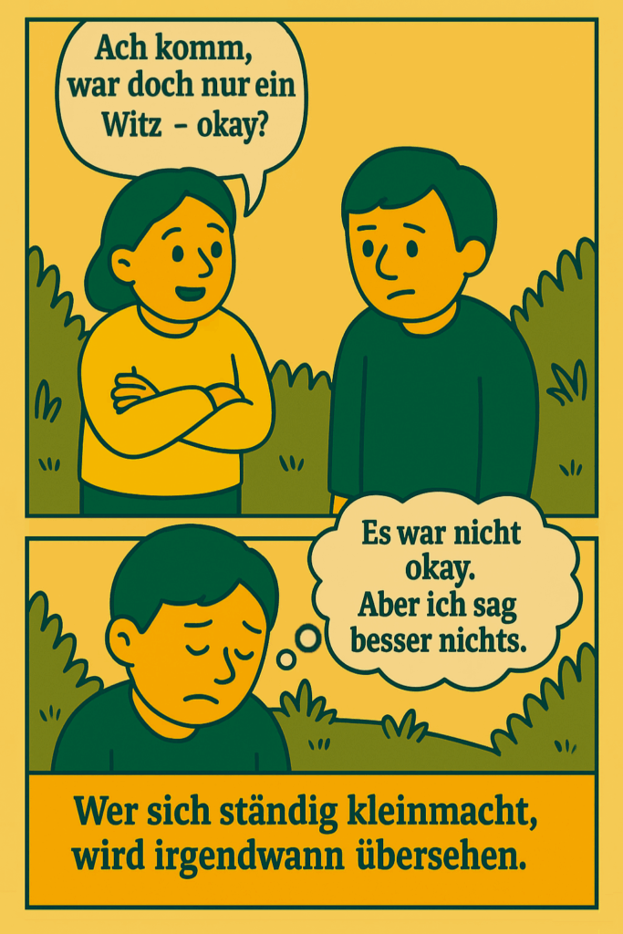 Comic-Illustration über Selbstunterdrückung und fehlende Grenzsetzung: Eine Person sagt beschwichtigend „Ach komm, war doch nur ein Witz – okay?“ zur anderen, die verletzt wirkt und schweigt. In der zweiten Szene denkt diese traurig: „Es war nicht okay. Aber ich sag besser nichts.“ Darunter steht der Satz: „Wer sich ständig kleinmacht, wird irgendwann übersehen.“ Die Grafik thematisiert emotionale Grenzüberschreitung, innere Zurückhaltung und die psychischen Folgen mangelnder Selbstbehauptung.