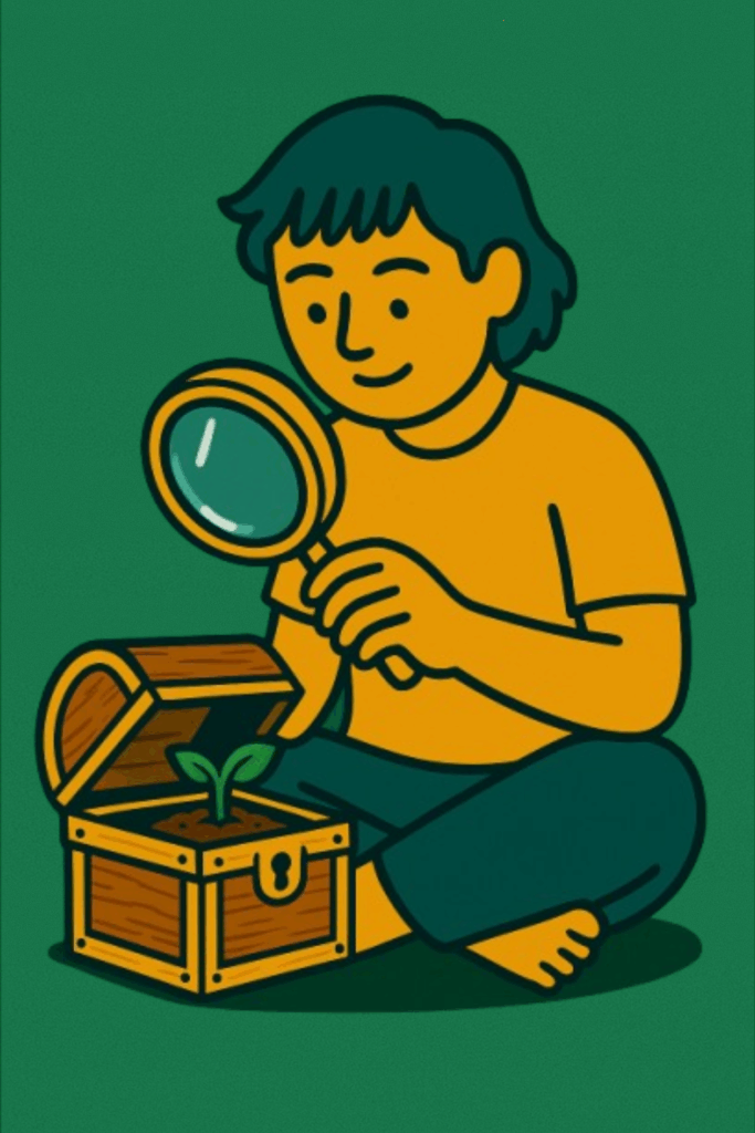 Illustration eines neugierigen Kindes, das mit einer Lupe eine kleine Pflanze in einer geöffneten Schatztruhe betrachtet – Symbol für Entdeckerfreude, kindliches Lernen, Forschergeist und Wertschätzung für Natur und Wissen.