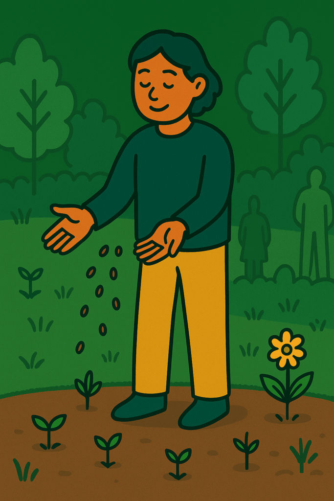 Illustration einer Person, die Samen in die Erde streut, umgeben von jungen Pflänzchen und einer blühenden Blume – Symbol für Wachstum, Bildung, Nachhaltigkeit und Zukunftsgestaltung.