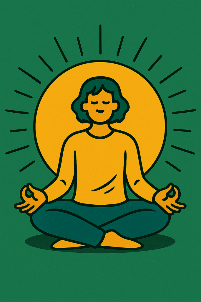 Illustration einer meditierenden Person im Lotussitz vor einer abstrahierten Sonnenscheibe – Symbol für innere Ruhe, Achtsamkeit, mentale Stärke und Selbstfürsorge.