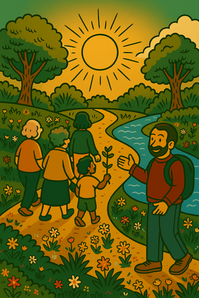 „Illustration einer intergenerationellen Gruppe beim gemeinsamen Spaziergang durch die Natur bei Sonnenschein – ein Kind hält eine Pflanze in der Hand, während ein Mann sie freundlich begrüßt. Die Szene vermittelt Werte wie emotionale Bildung, soziale Kompetenz, Zusammenhalt, Achtsamkeit und Naturverbundenheit.“