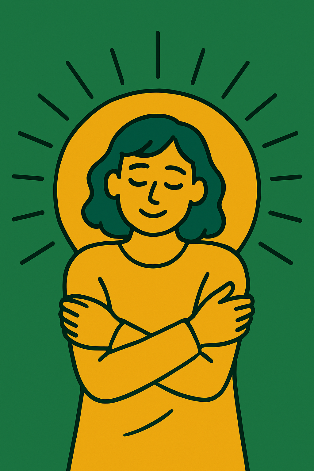 Illustration einer Person mit geschlossenen Augen, die sich selbst umarmt, vor einem grünen Hintergrund und einem strahlenden gelben Kreis hinter dem Kopf.